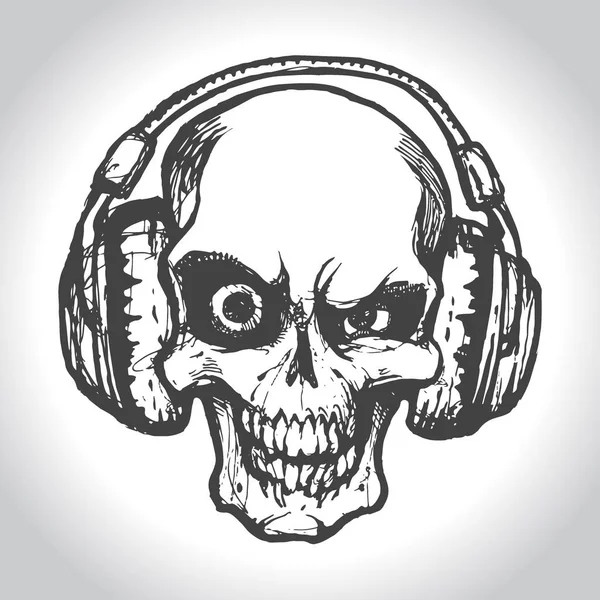 Skull Big Headphones Listening Music Vector Illustration Isolated White Background — Stock Vector