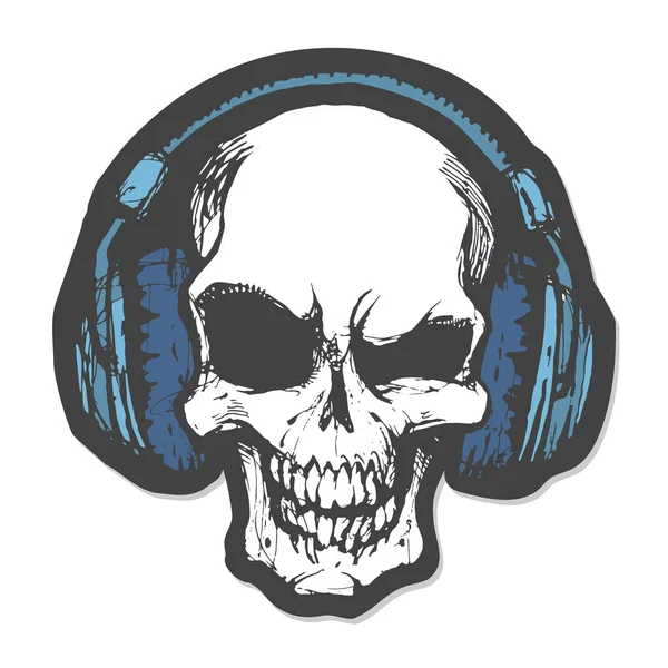 Crâne Dans Gros Écouteurs Écoute Illustration Vectorielle Musique Isolé Sur — Image vectorielle