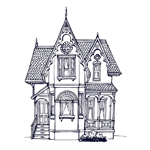 Victorian Cute Little House Outline Ink Drawn Coloring Book Page — Stock Vector