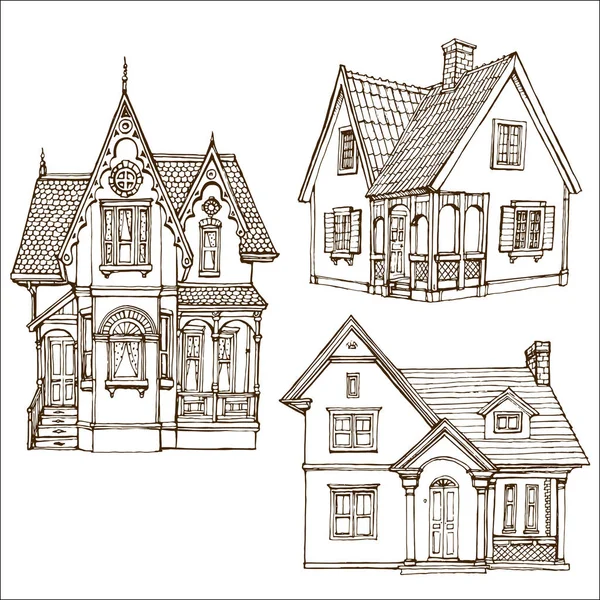 Victorian Cute Little Houses Set Outline Ink Drawn Coloring Book — Stock Vector