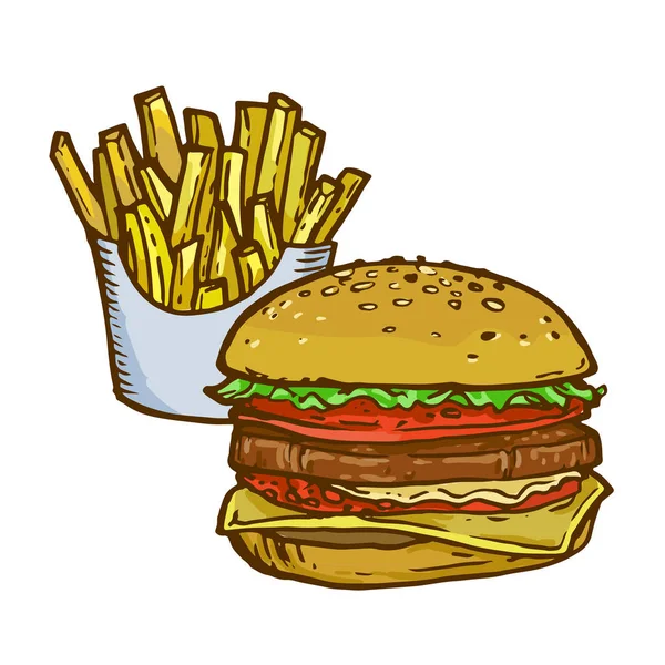 Fast Food Hand Drawn Stock Vector Illustration French Fries Hamburger — Stock Vector