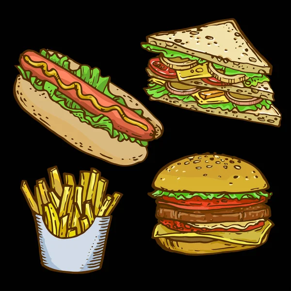 ファーストフードの手には 株式のベクトル図が描かれました サンドイッチ ホットドッグ フライド ポテト ハンバーガー カラー スケッチ — ストックベクタ