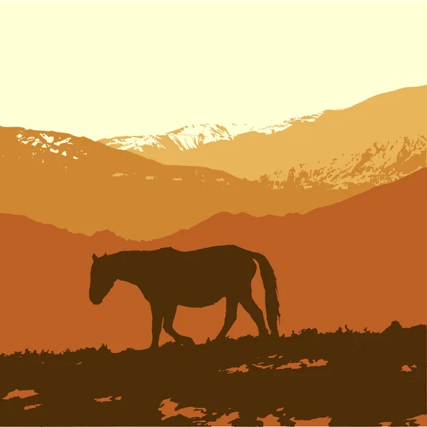 Silueta Caballo Prado Con Montañas Ilustración Vectorial Puesta Sol — Archivo Imágenes Vectoriales