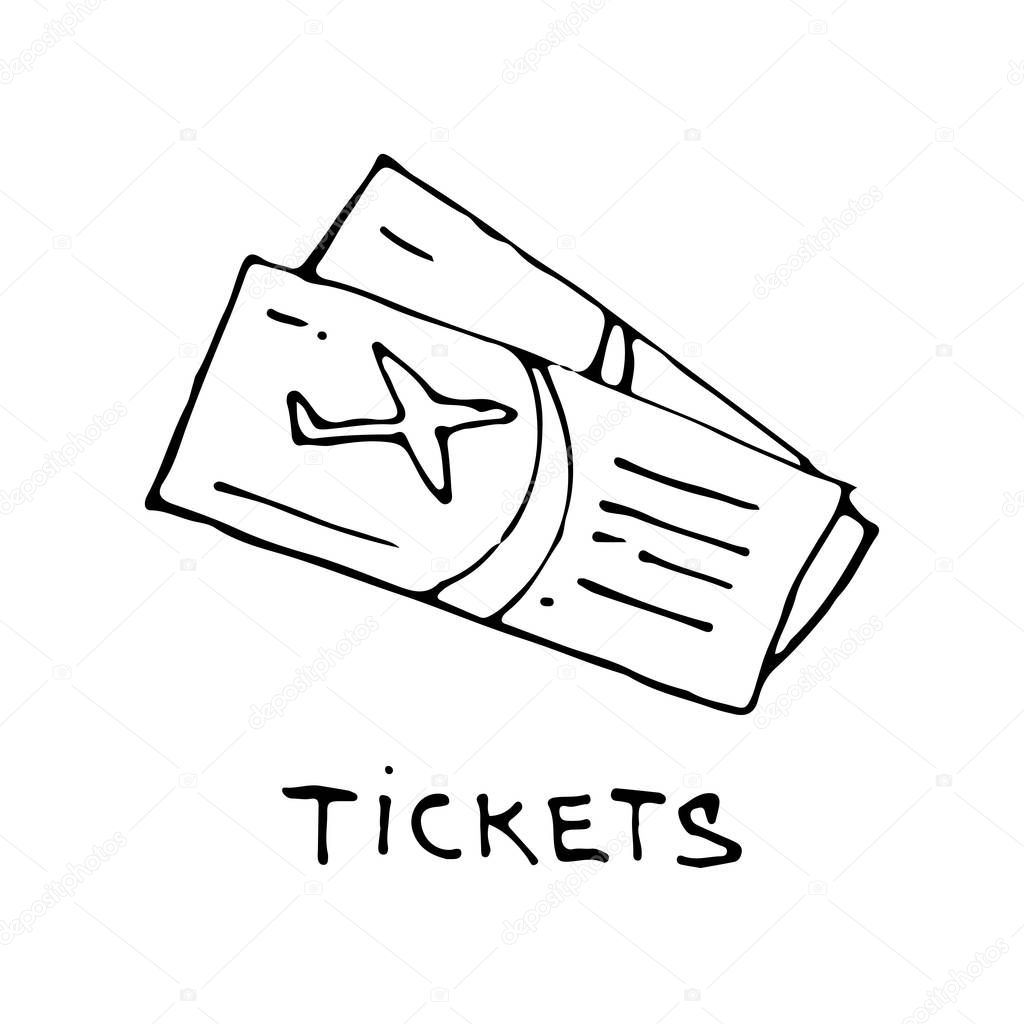 Doodle tickets icon ink hand drawn sketch outline black on white vector design for coloring book page
