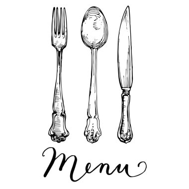 Kaşık, çatal ve bıçak mutfak in gümüş vintage elle çizilmiş koleksiyonu vektör çizim mürekkep kroki