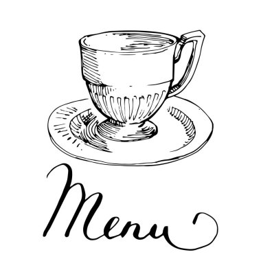 Kupası ve hat metin menü vintage el illüstrasyon mürekkep doodle kroki çizilmiş