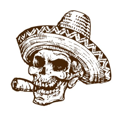 Puro vektör kroki mürekkep elle çizilmiş anahat çizim ile Meksika şapka kafatasında yasaktır