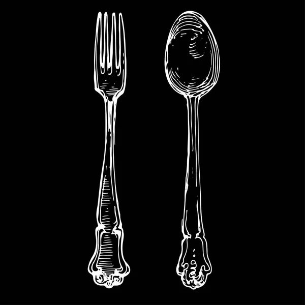 勺子和叉子厨房的东西银器古董手工画插图墨水涂鸦素描 — 图库矢量图片