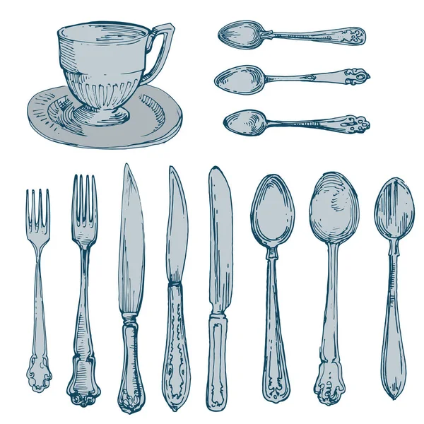 Spoons Forks Cup Knives Kitchen Stuff Silverware Vintage Hand Drawn — Stock Vector