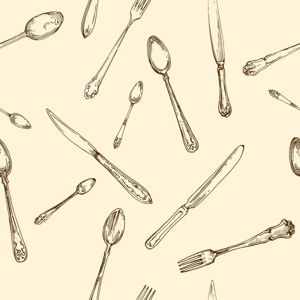 叉子和刀厨房的东西银器古董手工画墨水涂鸦素描无缝图案 — 图库矢量图片
