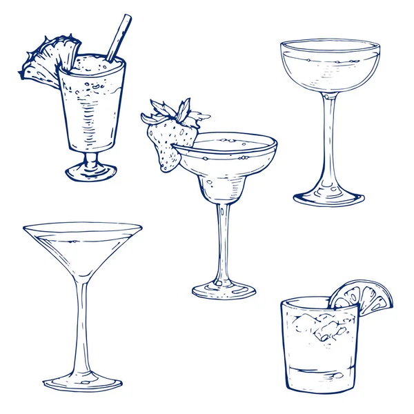 Cocktail Contorno Inchiostro Disegno Disegnato Mano Schizzo Vettore Illustrazione Isolato — Vettoriale Stock