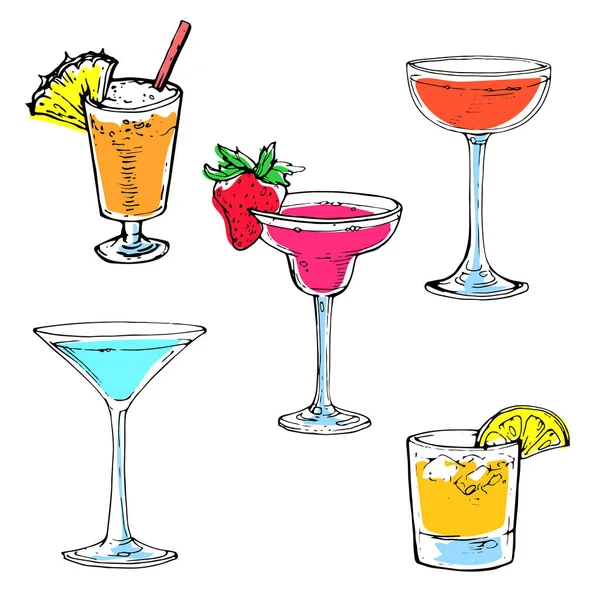 Cocktail Colorato Collezione Set Disegnato Mano Disegno Vettoriale Illustrazione Isolato — Vettoriale Stock