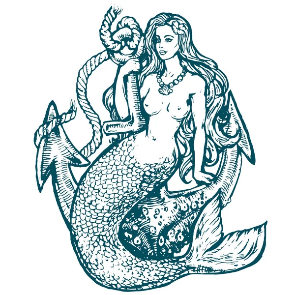 Mořská Panna Kotevní Tetování Ručně Kreslenou Doodle Inkoust Skica Vektorové — Stockový vektor