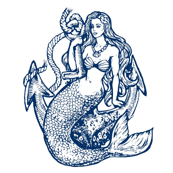 Sirena Con Ancla Tatuaje Dibujado Mano Garabato Tinta Bosquejo Stock — Vector de stock