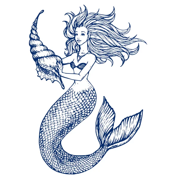 Sirena Con Gran Hundimiento Contorno Dibujado Mano Garabato Tinta Bosquejo — Vector de stock