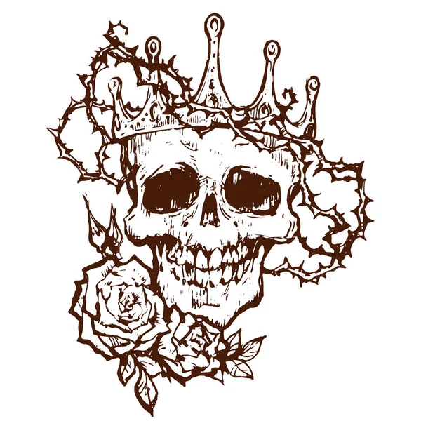 Κρανίο Διάδημα Και Στεφάνι Από Αγκάθια Νεκρός Goth Τατουάζ Σκίτσο — Διανυσματικό Αρχείο