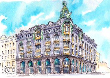 Saint Petersburg 'daki klasik binanın mimarisi suluboya el çizimi çizimi