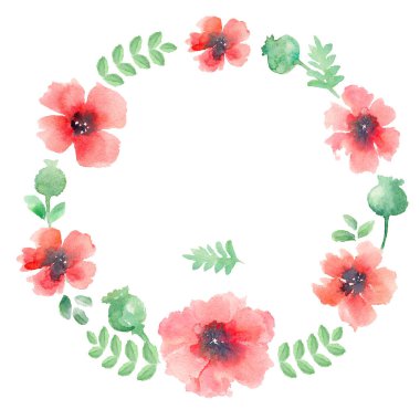 Haşhaş kırmızı çiçekler ve yeşil yaprakları elemanları izole suluboya resim ayarla