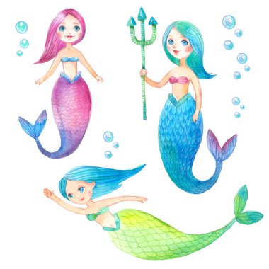 Beyaz arka plan üzerinde şirin deniz kızları suluboya resim