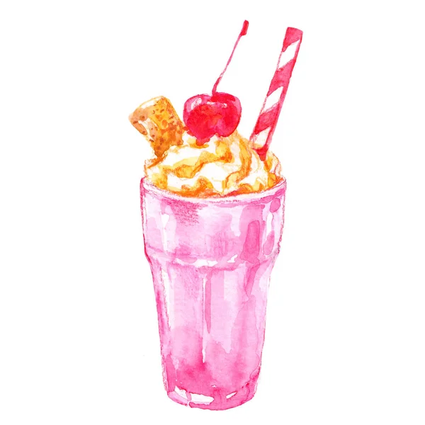 Erdbeermilchshake Mit Kirsche Glas Aquarell Illustration Isoliert Auf Weißem Hintergrund — Stockfoto