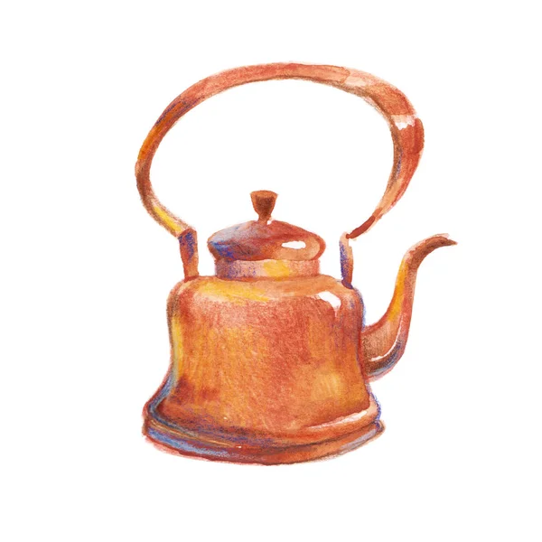 水彩复古厨具茶壶 复古金属壶风格的插图查出的白色背景 — 图库照片