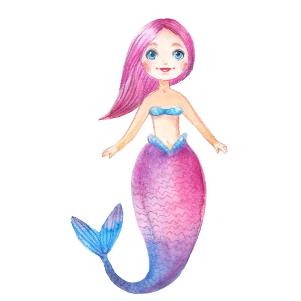 Cute Smiling Mermaid Watercolor Illustration White Background — Stock Photo, Image