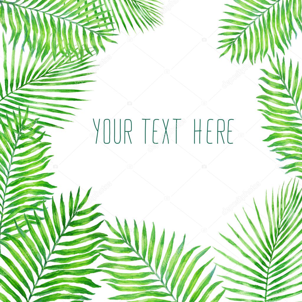 Green tropical palm leaves watercolor illustration isolated on white background