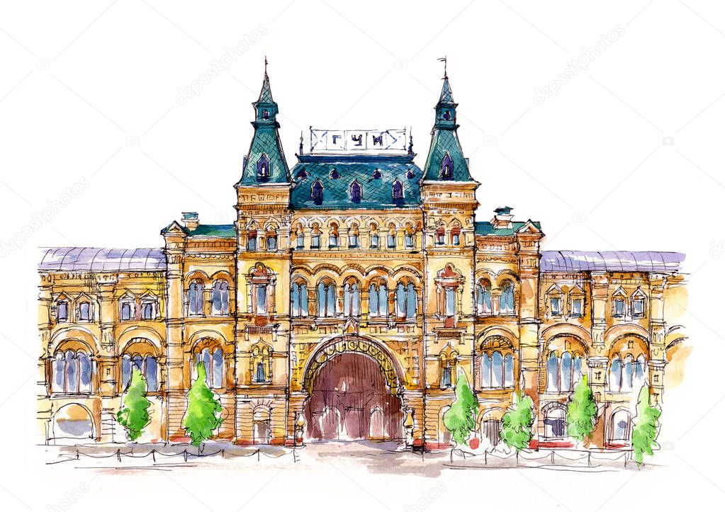 Watercolor sketch of Architecture Building of Main department store in Moscow on Red Square hand drawn illustration