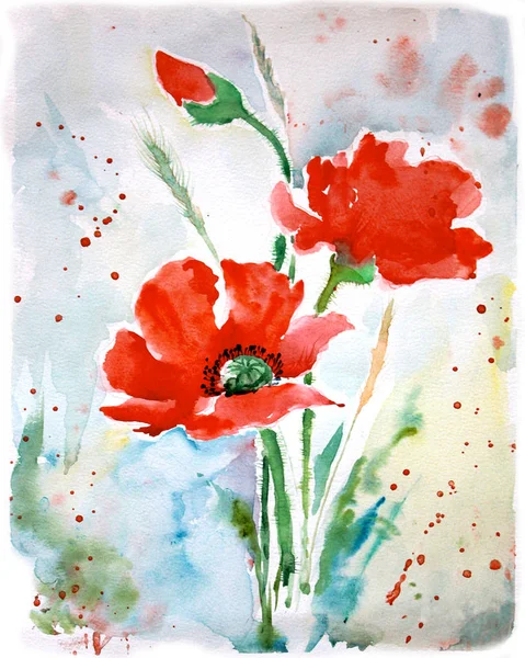 Piros Pipacs Virágok Zöld Levelek Akvarell Illusztráció Elszigetelt Fehér Background — Stock Fotó