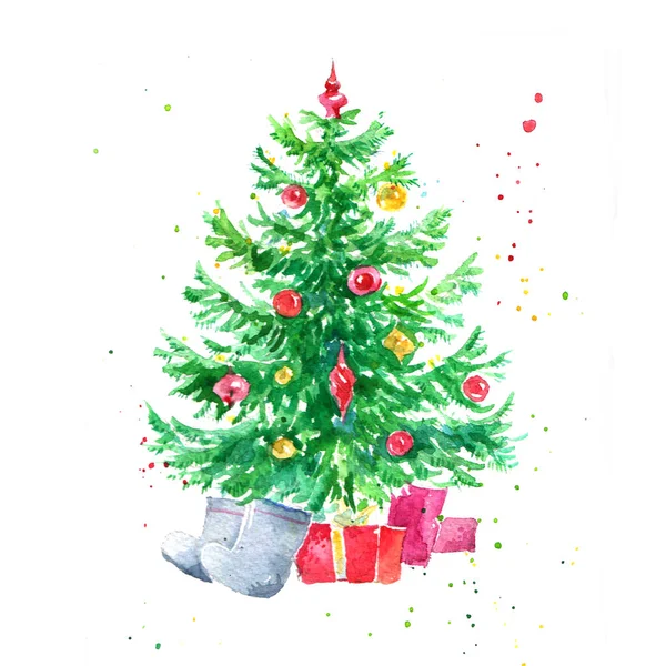 Fir Tree Kerstboom Groen Met Decor Aquarel Schets Illustratie — Stockfoto