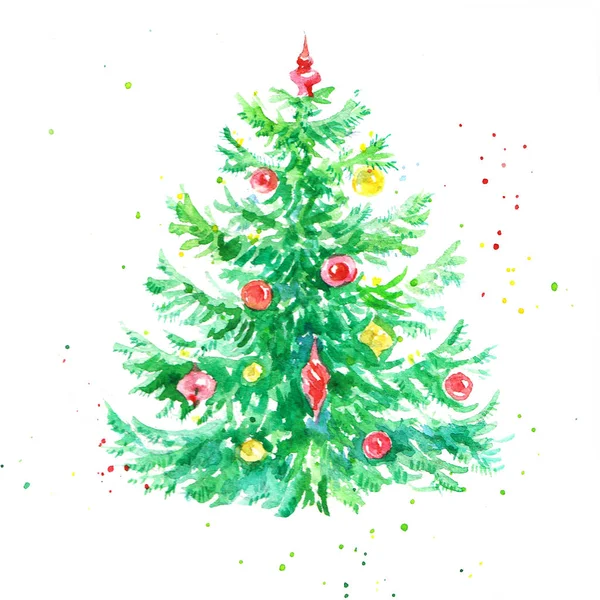 Fenyő Karácsonyfa Dekoráció Akvarell Vázlat Illusztráció Zöld — Stock Fotó