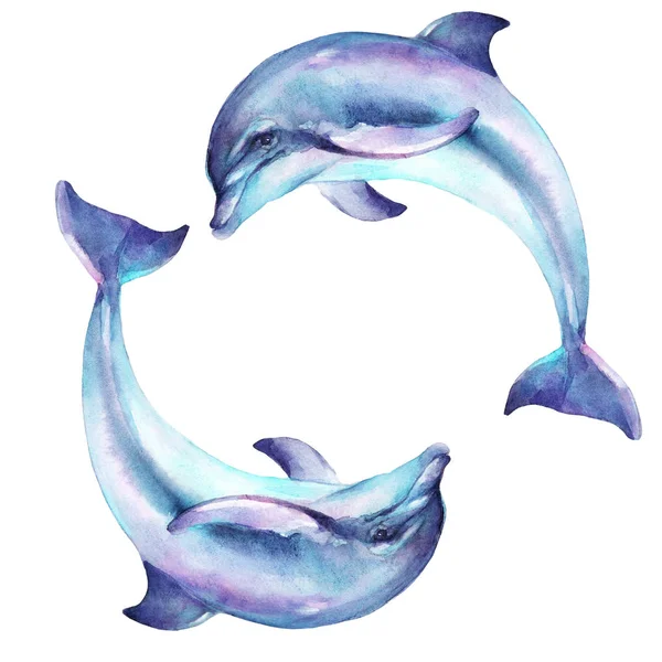 Dolphins Jumping Isolated White Background Watercolor Illustration — Stock Photo, Image