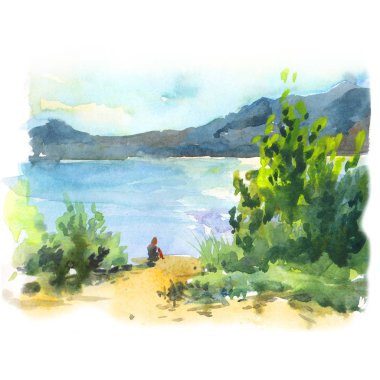 Göl kıyısında sulu boya yaz manzara yeşil ağaçlar, masmavi bir deniz, kum ve dağlar