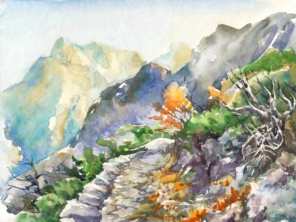 Осінній Пейзаж Камінням Жовтий Осінній Ліс Небо Акварельна Ілюстрація — стокове фото