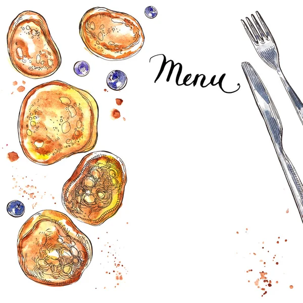 Pancakes Fritters Fork Knife Table Watercolor Illustration Sketch Menu Design — Stock Photo, Image