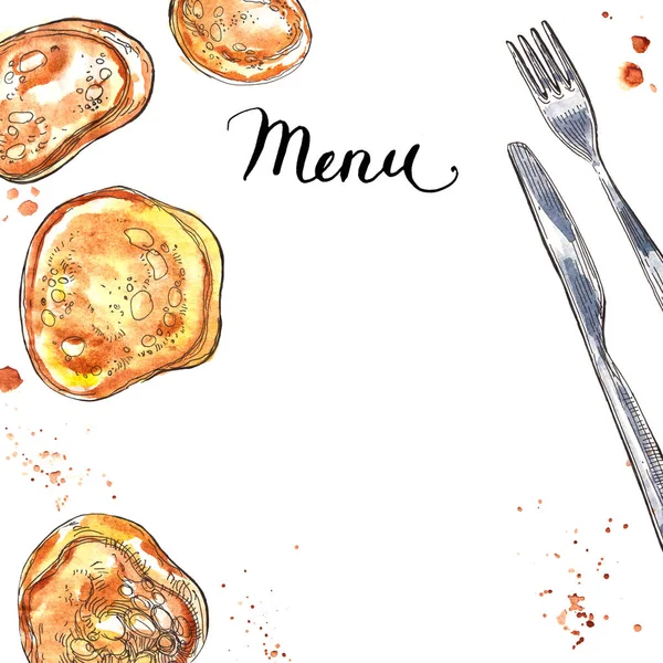 Pancakes Fritters Fork Knife Table Watercolor Illustration Sketch Menu Design — Stock Photo, Image