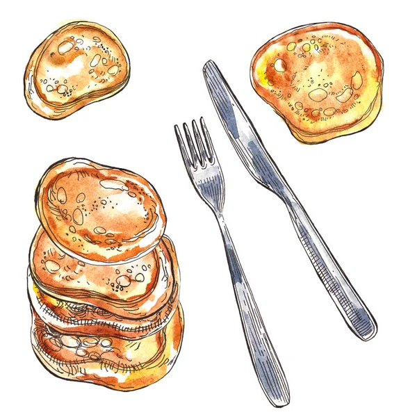 Pannkakor Fritters Med Gaffel Och Kniv Bordet Akvarell Illustration Skiss — Stockfoto