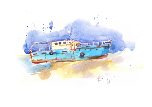 Modrá Loď Akvarel Obrázek Skici — Stock fotografie
