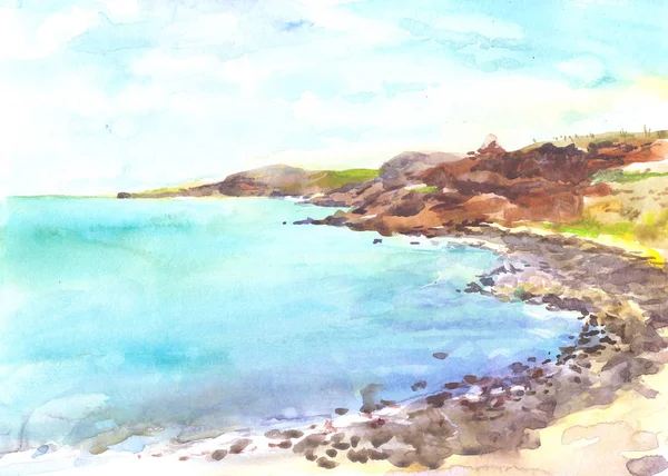 Wybrzeże Morza Niebieski Piaszczystej Plaży Szkic Akwarela Ilustracja — Zdjęcie stockowe