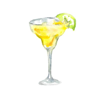Margarita kokteyl limon dilimi ile alkollü içki. Suluboya illüstrasyon izole beyaz arka plan üzerinde