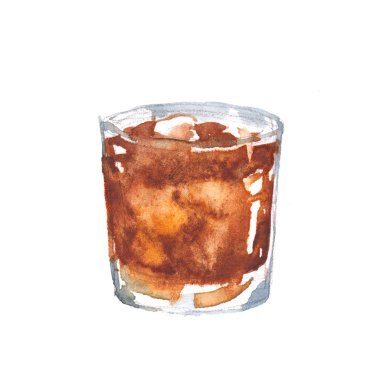 Alkollü içki kahverengi kokteyl wiskey ve kola ile. Suluboya illüstrasyon izole beyaz arka plan üzerinde