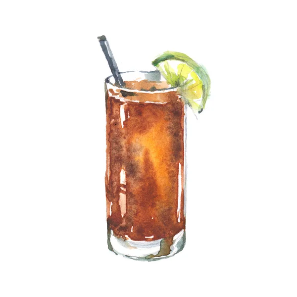 Alcoholische Drank Cuba Libre Cocktail Glas Aquarel Illustratie Geïsoleerd Witte — Stockfoto