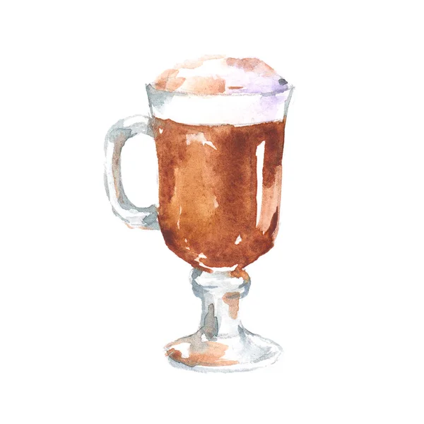 酒精饮料鸡尾酒爱尔兰咖啡在玻璃 在白色背景下隔离的水彩插图 — 图库照片