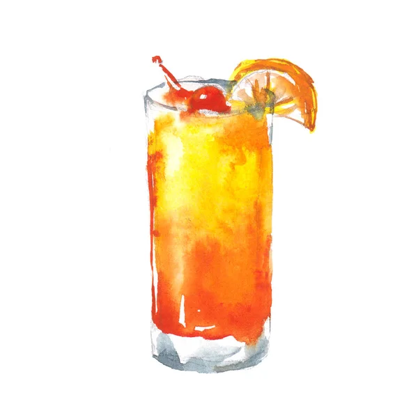 Alkoholist Dricka Cocktail Tequila Sunrise Akvarell Illustration Isolerade Vit Bakgrund — Stockfoto