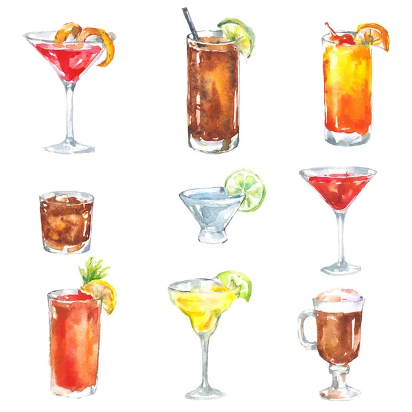 Ensemble Cocktail Boissons Alcoolisées Aquarelle Illustration Isolé Sur Fond Blanc — Photo