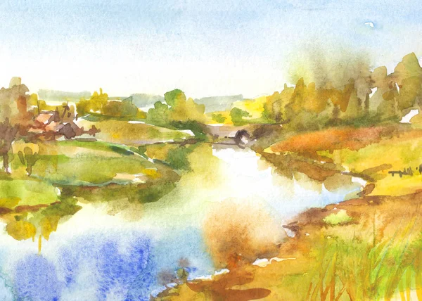 Herfst Landschap Met Rivier Schilderij Aquarel Illustratie Vallen Gele Bos — Stockfoto