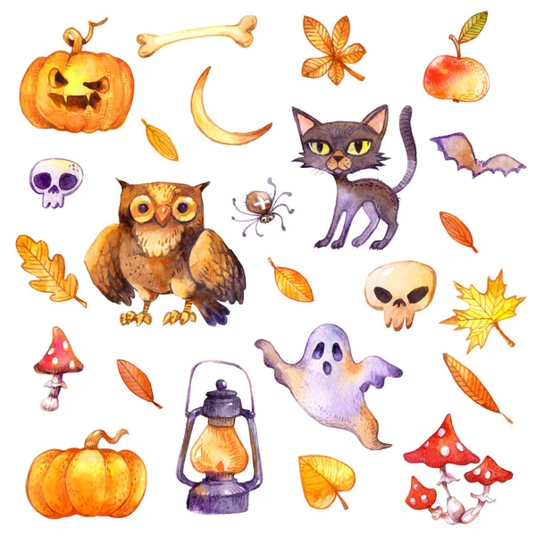 Watercolor Halloween set. Hand drawn holiday icons