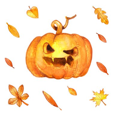 Cadılar Bayramı Balkabağı beyaz arka plan suluboya illüstrasyon izole fener