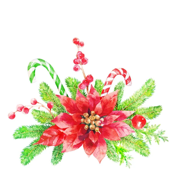 Composição Decoração Natal Com Vegetação Flores Poinsettia Vermelhas Ilustração Aquarela — Fotografia de Stock