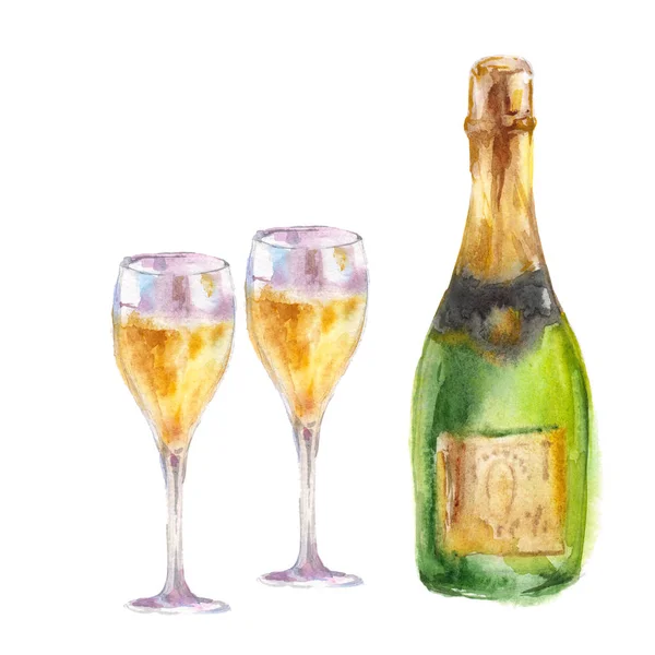 Bouteille Champagne Avec Verres Cristal Avec Vin Illustration Aquarelle Sur — Photo